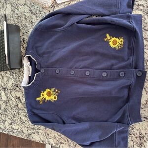 Vintage Blue Button-Up speculation cardigan with Sunflower Embroidery